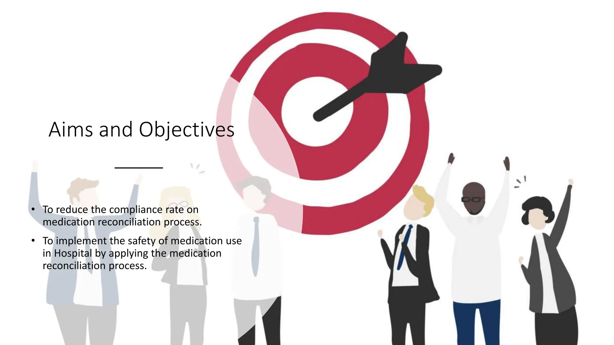 Aims and Objectives
• To reduce the compliance rate on
medication reconciliation process.
• To implement the safety of medication use
in Hospital by applying the medication
reconciliation process.
 