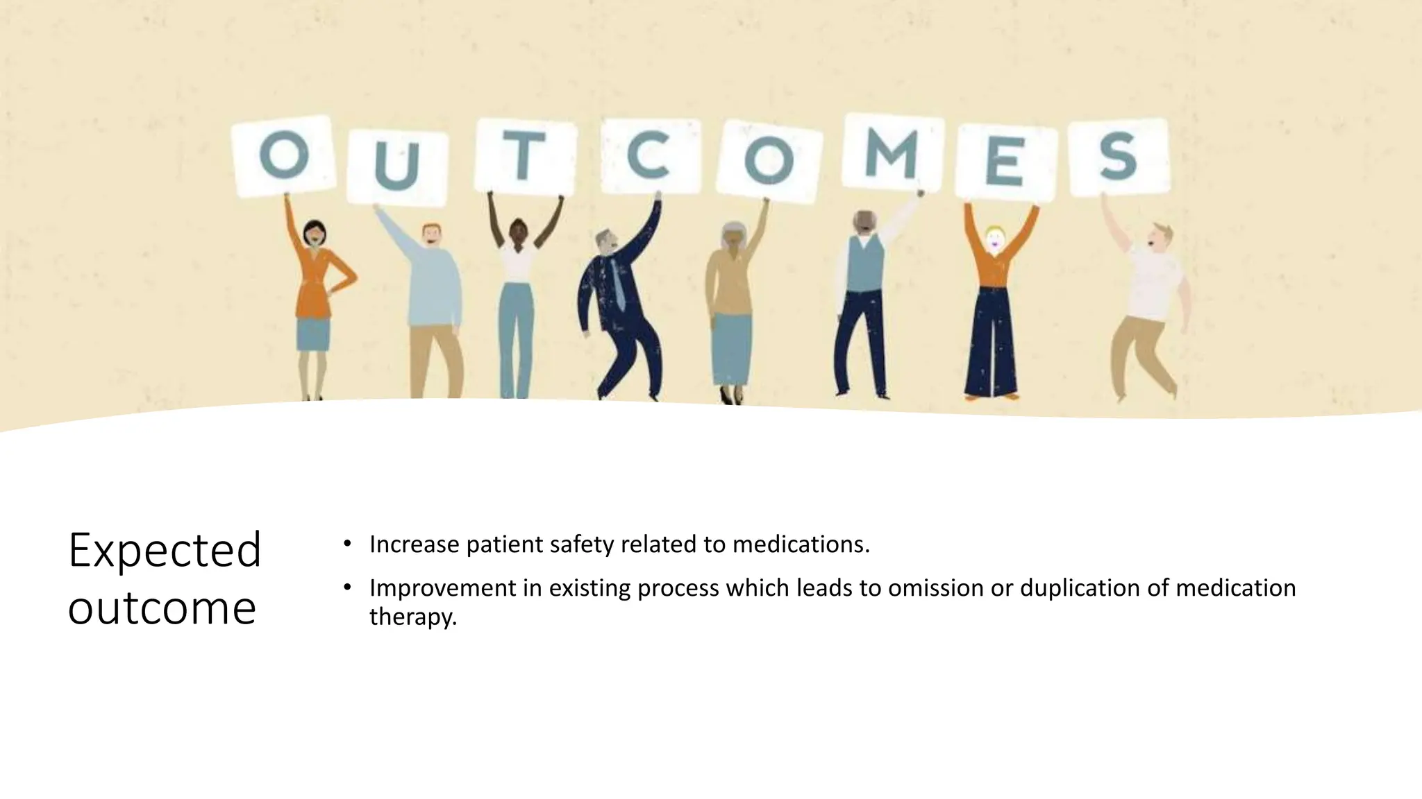 Expected
outcome
• Increase patient safety related to medications.
• Improvement in existing process which leads to omission or duplication of medication
therapy.
 