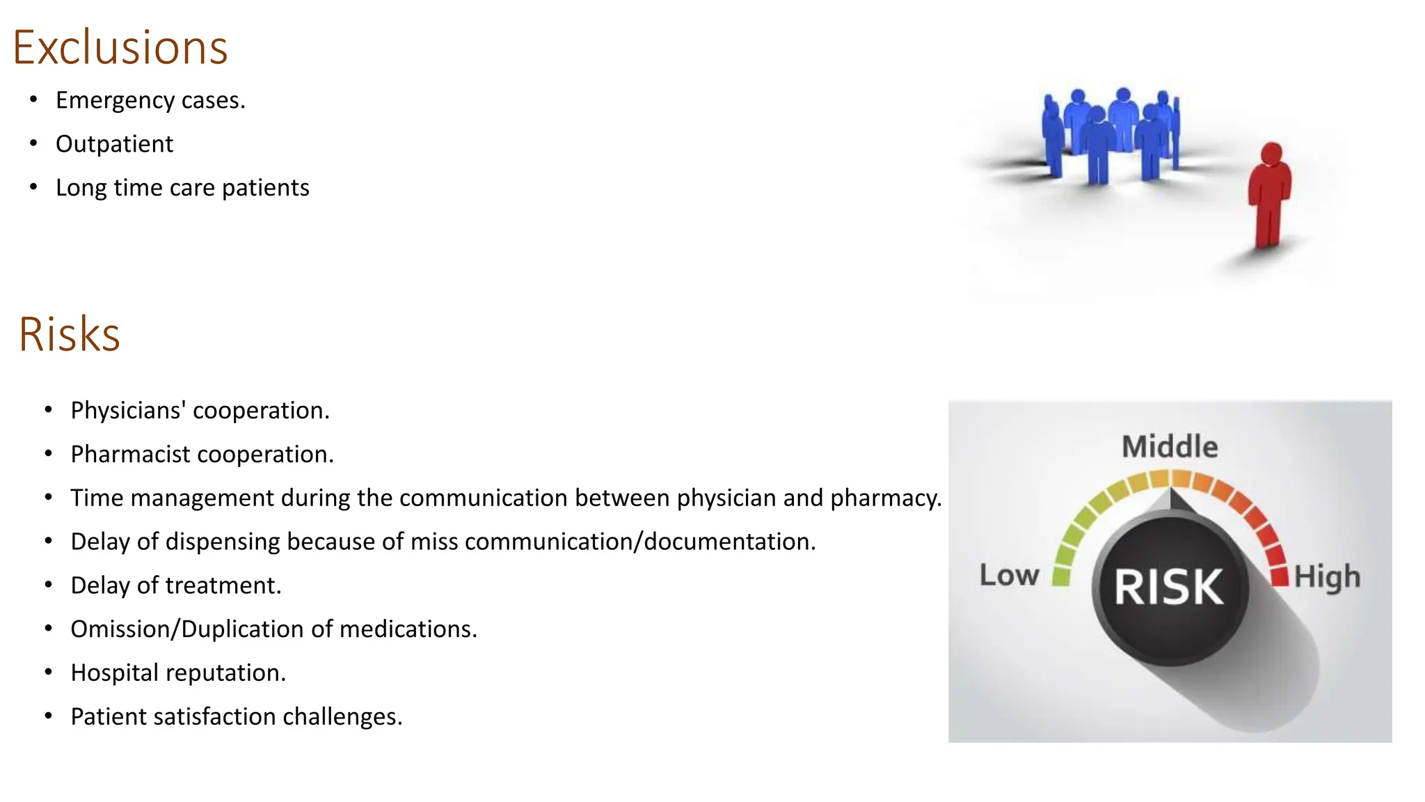 Risks
• Physicians' cooperation.
• Pharmacist cooperation.
• Time management during the communication between physician and pharmacy.
• Delay of dispensing because of miss communication/documentation.
• Delay of treatment.
• Omission/Duplication of medications.
• Hospital reputation.
• Patient satisfaction challenges.
Exclusions
• Emergency cases.
• Outpatient
• Long time care patients
 