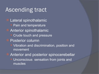 Ascending tract
 Lateral spinothalamic
 Pain and temperature
 Anterior spinothalamic
 Crude touch and pressure
 Posterior column
 Vibration and discrimination, position and
movement
 Anterior and posterior spinocerebellar
 Unconscious sensation from joints and
muscles
 