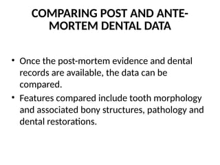 COMPARING POST AND ANTE-
MORTEM DENTAL DATA
• Once the post-mortem evidence and dental
records are available, the data can be
compared.
• Features compared include tooth morphology
and associated bony structures, pathology and
dental restorations.
 