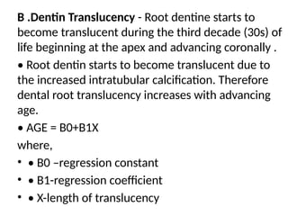 B .Dentin Translucency - Root dentine starts to
become translucent during the third decade (30s) of
life beginning at the apex and advancing coronally .
• Root dentin starts to become translucent due to
the increased intratubular calcification. Therefore
dental root translucency increases with advancing
age.
• AGE = B0+B1X
where,
• • B0 –regression constant
• • B1-regression coefficient
• • X-length of translucency
 