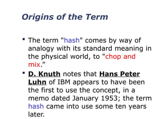 Origins of the Term
 The term "hash" comes by way of
analogy with its standard meaning in
the physical world, to "chop and
mix.”
 D. Knuth notes that Hans Peter
Luhn of IBM appears to have been
the first to use the concept, in a
memo dated January 1953; the term
hash came into use some ten years
later.
 