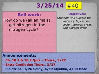 3/25/14
Bell work:
How do we (all animals)
get nitrogen in the
nitrogen cycle?
Announcements:
• Ch. 18.1 & 18.2 Quiz – Thurs., 3/27
• Extra Credit due Thurs., 3/27
• Fieldtrips: 3/26 Selby, 4/17 Myakka, 4/30 Mote
Objectives:
Students will explore the
water cycle, carbon
cycle, nitrogen cycle,
and oxygen cycle.
#40
 