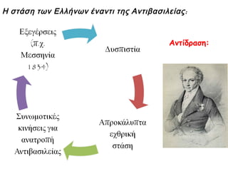 ▲ Χαρακτικό με Βαυαρούς στρατιώτες να συγκρούονται με άτακτους πολεμιστές. Το 1833 
υπήρχαν στο ελληνικό βασίλειο5.000 περίπου άτακτοι πολεμιστές. Οι πιο πολλοί είχαν 
πολεμήσει στην Ελληνική Επανάσταση και περίμεναν βοήθεια από την κυβέρνηση. Όμως ο 
νέος στρατός που δημιούργησε η Αντιβασιλεία τούς άφηνε απ’ έξω. Οι αυστηροί κανόνες, η 
σκληρή εκπαίδευση και η πειθαρχία, η εξάρτηση του στρατού από την κεντρική εξουσία και 
οι χαμηλοί μισθοί είχαν αποτέλεσμα να πάνε σ’ αυτόν μόνο 35 παλιοί πολεμιστές. 
 