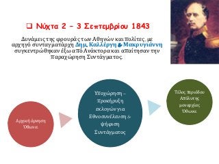  Νύχτα 2 – 3 Σεπτεμβρίου 1843 
Δυνάμεις της φρουράς των Αθηνών και πολίτες, με 
αρχηγό συνταγματάρχη Δημ. Καλλέργη & Μακρυγιάννη 
συγκεντρώθηκαν έξω από Ανάκτορα και απαίτησαν την 
παραχώρηση Συντάγματος. 
Αρχική άρνηση 
Όθωνα. 
Υποχώρηση – 
προκήρυξη 
εκλογών για 
Εθνοσυνέλευση & 
ψήφιση 
Συντάγματος 
Τέλος περιόδου 
Απόλυτης 
μοναρχίας 
Όθωνα. 
 
