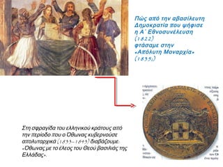 Άφιξη του Όθωνα στο Ναύπλιο, 25 Ιαν. 1833 
Τι σας θυμίζει η υποδοχή του Όθωνα; 
Ποιος τον διάλεξε για μονάρχη της Ελλάδας; 
Και η Α΄ Εθνοσυνέλευση που προέβλεπε «αβασίλευτη Δημοκρατία» ; 
Τι απέγιναν οι αποφάσεις της; Γιατί; 
Τι περίμενε από το νεαρό βασιλιά ο ελληνικός λαός; 
Ποιες νομίζετε ήταν οι προθέσεις του; 
 