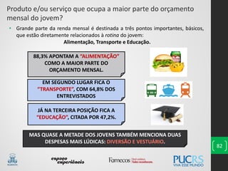 82
88,3% APONTAM A “ALIMENTAÇÃO”
COMO A MAIOR PARTE DO
ORÇAMENTO MENSAL.
Produto e/ou serviço que ocupa a maior parte do orçamento
mensal do jovem?
EM SEGUNDO LUGAR FICA O
“TRANSPORTE”, COM 64,8% DOS
ENTREVISTADOS
JÁ NA TERCEIRA POSIÇÃO FICA A
“EDUCAÇÃO”, CITADA POR 47,2%.
• Grande parte da renda mensal é destinada a três pontos importantes, básicos,
que estão diretamente relacionados à rotina do jovem:
Alimentação, Transporte e Educação.
MAS QUASE A METADE DOS JOVENS TAMBÉM MENCIONA DUAS
DESPESAS MAIS LÚDICAS: DIVERSÃO E VESTUÁRIO.
 