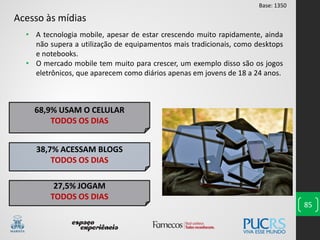 85
38,7% ACESSAM BLOGS
TODOS OS DIAS
68,9% USAM O CELULAR
TODOS OS DIAS
27,5% JOGAM
TODOS OS DIAS
Acesso às mídias
• A tecnologia mobile, apesar de estar crescendo muito rapidamente, ainda
não supera a utilização de equipamentos mais tradicionais, como desktops
e notebooks.
• O mercado mobile tem muito para crescer, um exemplo disso são os jogos
eletrônicos, que aparecem como diários apenas em jovens de 18 a 24 anos.
Base: 1350
 