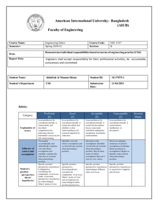 American International University- Bangladesh
(AIUB)
Faculty of Engineering
Course Name: Engineering Ethics Course Code: EEE 3107
Semester: Spring 2020-21 Section: K
Student Name: Abdullah Al Mamun Shiam Student ID: 18-37075-1
Student’s Department CSE Submission
Date:
11/04/2021
Rubrics:
Category
Proficient
[6]
Good
[5]
Acceptable
[4]
Unacceptable
[2]
Secured
Marks
Explanation of
issues
Issue/problemto be
considered critically is
stated clearly and
described
comprehensively,
delivering relevant
information necessary for
full understanding.
Issue/problemto be
considered critically is
stated,described,and
clarified so that
understanding is not
seriously impeded by
omissions.
Issue/problemto be
considered critically is
stated,but description
leaves some terms
undefined, ambiguities
unexplored, boundaries
undetermined,
Issue/problemto be
considered critically is
stated without
clarification or
description.
Influence of
context and
assumptions
Thoroughly
(systematically and
methodically) analyzes
own and others’
assumptions and
carefully evaluates the
relevance of contexts
when presenting a
position.
Identifies own and
others’assumptions and
several relevant contexts
when presenting a
position.
Questions some
assumptions.Identifies
several relevant contexts
when presenting a
position. May be more
aware of others’
assumptions than one’s
own (or vice versa).
Shows an emerging
awareness of present
assumptions (sometimes
labels assertions as
assumptions).Begins to
identify some contexts
when presenting a
position.
Student’s
position
(perspective,
thesis/
hypothesis)
Specific position
(perspective, hypothesis)
is imaginative,
considering the
complexities of an issue.
Limits of position
(perspective, hypothesis)
are acknowledged.
Others’ points of view
Specific position
(perspective,
thesis/hypothesis)
considers the
complexities of an issue.
Others’ points of view
and assumptions are
acknowledged within
position (perspective,
Specific position
(perspective, hypothesis)
acknowledges different
sides of an issue.
Specific position
(perspective, hypothesis)
is stated,but is simplistic
and obvious.
Item:
Demonstratesindividual responsibilitiesbasedon norms ofengineering practice(CO4)
Report Title: Engineers shall accept responsibility for their professional activities, be accountable,
consciences and committed.
 