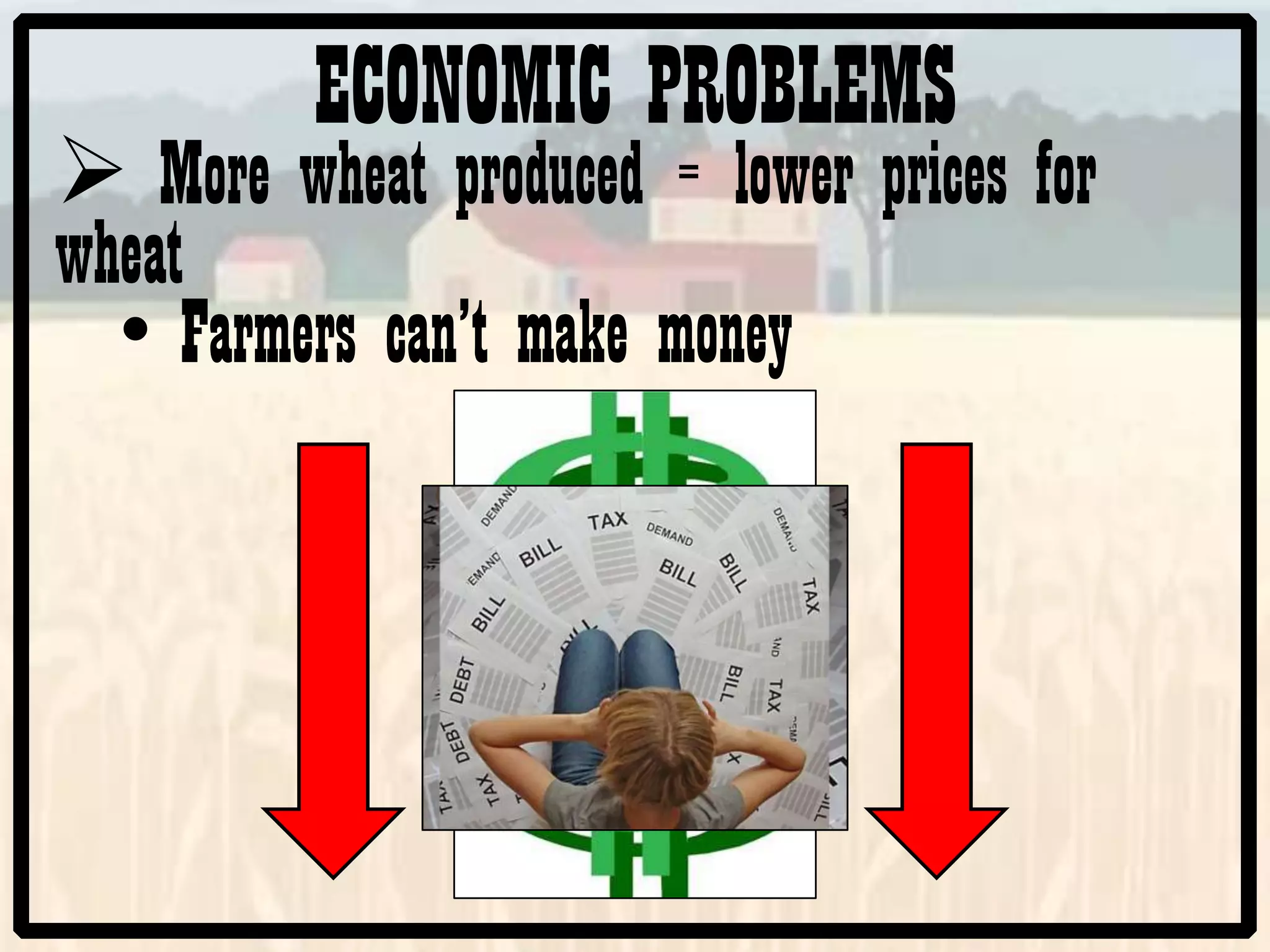 ECONOMIC PROBLEMS
More wheat produced = lower prices for
wheat
• Farmers can’t make money