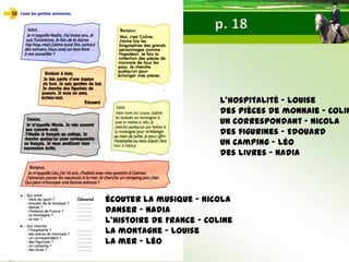 écouter la musique - Nicola
danser - Nadia
l‘histoire de France - Coline
la montagne - Louise
la mer - Léo
l’hospitalité – Louise
des pièces de monnaie – Colin
un correspondant – Nicola
des figurines – Edouard
un camping – Léo
des livres - Nadia
 