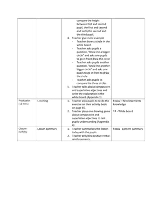 compare the height
                                       between first and second
                                       pupil, the first and second
                                       and lastly the second and
                                       the third pupil.
                              4.   Teacher give more example
                                   - Teacher draws a circle in the
                                       white board.
                                   - Teacher asks pupils a
                                       question, “Draw me a bigger
                                       circle” and asks one pupils
                                       to go in front draw the circle
                                   - Teacher asks pupils another
                                       question, “Draw me another
                                       bigger circle” and asks one
                                       pupils to go in front to draw
                                       the circle
                                   - Teacher asks pupils to
                                       compare the three circles.
                              5.   Teacher talks about comparative
                                   and superlative adjectives and
                                   write the explanation in the
                                   white board (Appendix 3)
Production   Listening        1.   Teacher asks pupils to re-do the     Focus – Reinforcements
(15 mins)                          exercise on their activity book      knowledge
                                   on page 65.
                              2.   Teacher plays one drawing game       TA - White board
                                   about comparative and
                                   superlative adjectives to test
                                   pupils understanding (Appendix
                                   4)
Closure      Lesson summary   1.   Teacher summarizes the lesson        Focus - Content summary
(5 mins)                           today with the pupils.
                              2.   Teacher provides positive verbal
                                   reinforcements.
 