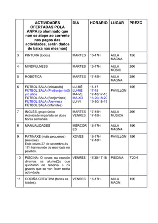 ACTIVIDADES
OFERTADAS POLA
ANPA (o alumnado que
non se atope ao corrente
nos pagos das
actividades, serán dados
de baixa nas mesmas)
DÍA HORARIO LUGAR PREZO
3 PINTURA (todos) MARTES 16-17H AULA
MAGNA
15€
4 MINDFULNESS MARTES 16-17H AULA
MÚSIC
20€
5 ROBÓTICA MARTES 17-18H AULA
MAGNA
28€
6 FÚTBOL SALA (Iniciación)
FÚTBOL SALA (PreBenjamín)5
y 6 años
FÚTBOL SALA (Benjamines)
FÚTBOL SALA (Alevines)
FÚTBOL SALA (Infantiles)
LU-MÉ
LU-MÉ
MA-VE
MA-XO
LU-VI
16-17
17-18
17-18/17-18
18-20/18-20
19-20/18-19
PAVILLÓN
15€
7 INGLÉS, grupo único
Actividade impartida en dúas
horas semanais.
MARTES
VENRES
17-18H
17-18H
AULA
MÚSICA
26€
8 MANUALIDADES MÉRCOR
ES
16-17H AULA
MAGNA
15€
9 PATINAXE (máis pequenos)
(maiores)
Este xoves 27 de setembro ás
17h hai reunión de matrícula no
pavillón.
XOVES 16-17H
17-18H
PAVILLÓN 15€
10 PISCINA: O xoves na reunión
diremos os alumn@s que
quedaron en reserva e os
grupos que se van facer nesta
actividade.
VENRES 16’30-17’15 PISCINA 7’20 €
11 COCIÑA CREATIVA (todas as
idades).
VENRES 16-17H AULA
MAGN
15€
 