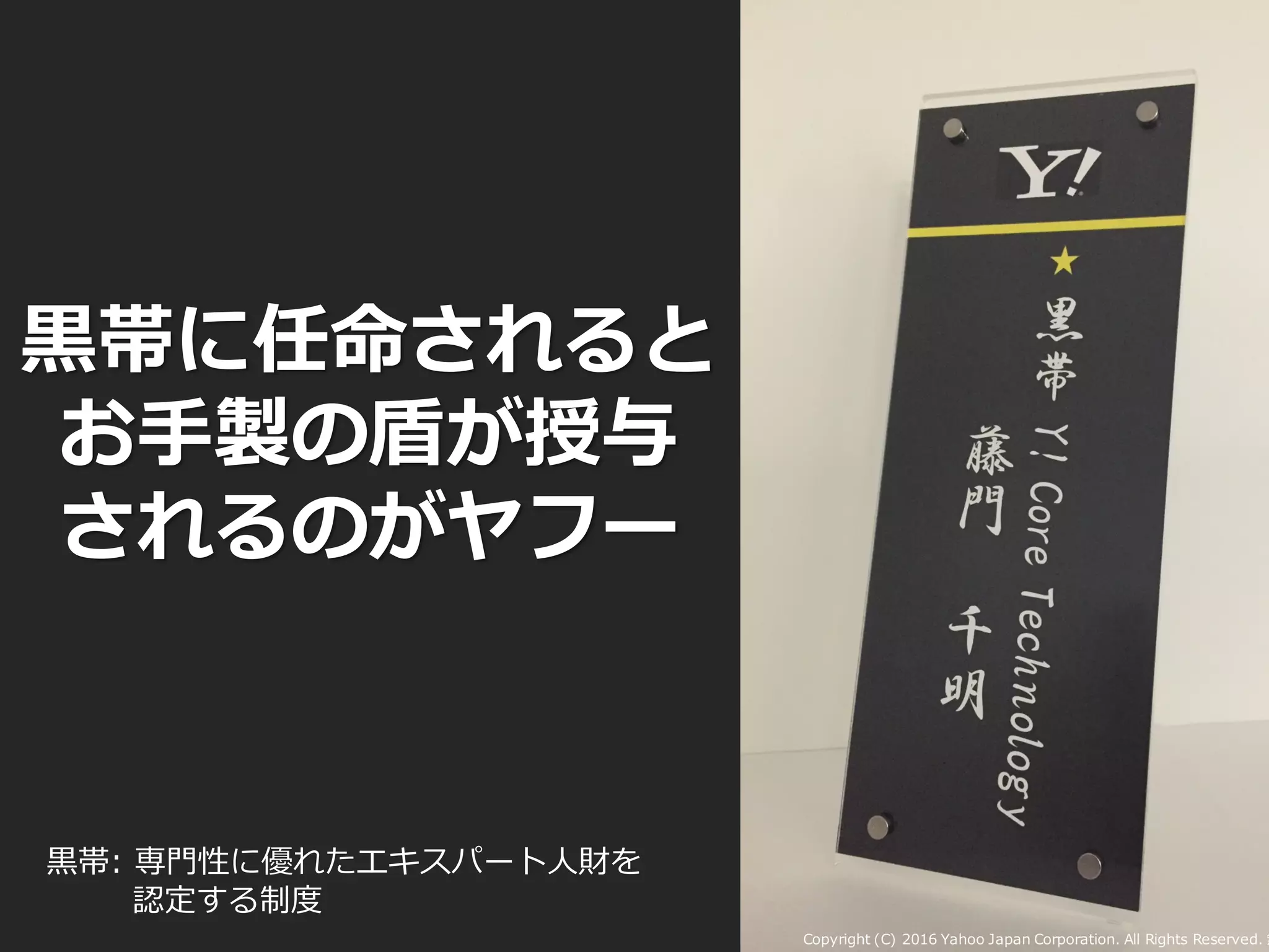 黒帯に任命されると
お手製の盾が授与
されるのがヤフー
黒帯: 専門性に優れたエキスパート人財を
認定する制度
Copyright (C) 2016 Yahoo Japan Corporation. All Rights Reserved. 無
 