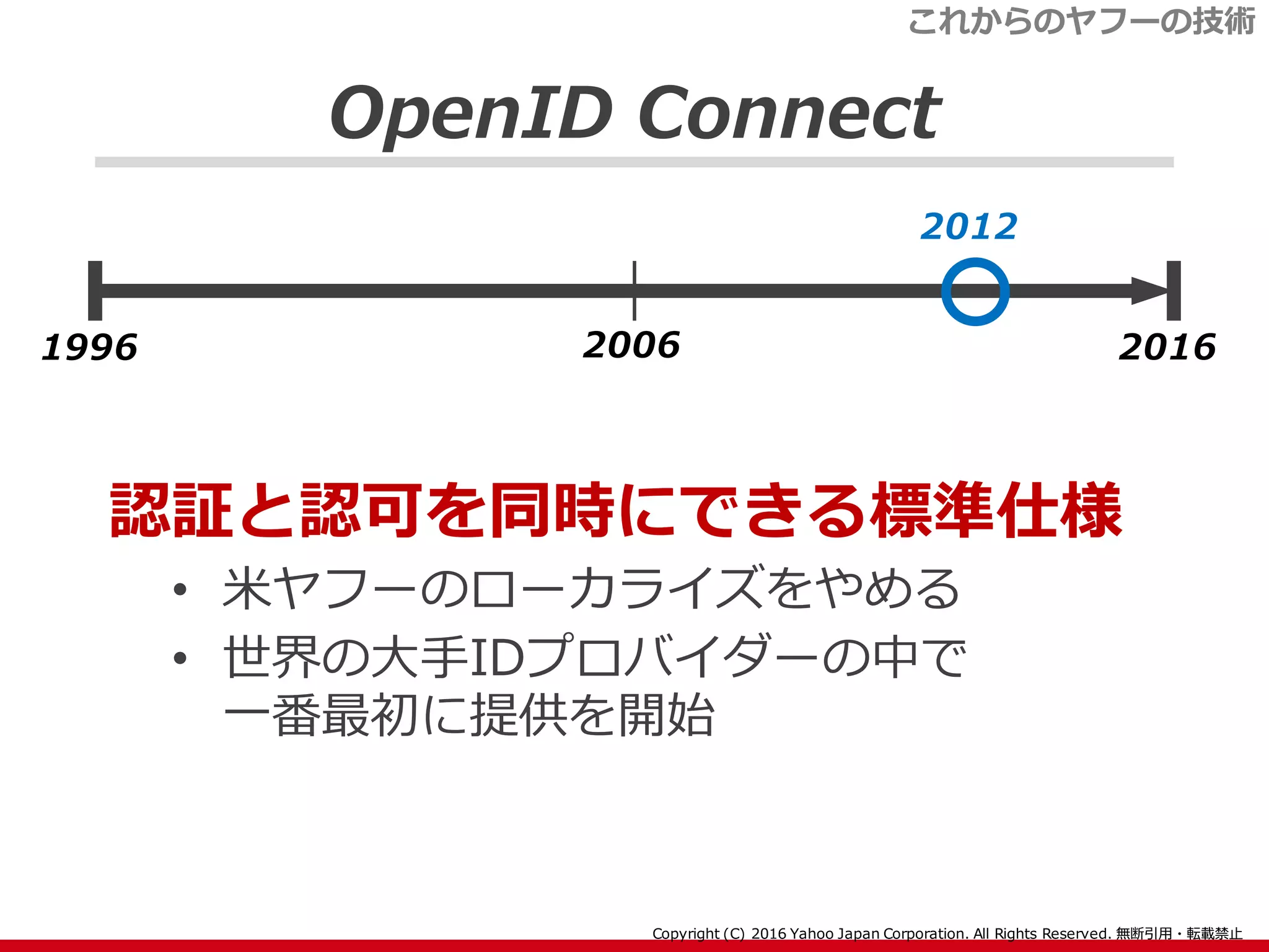 OpenID Connect
認証と認可を同時にできる標準仕様
• 米ヤフーのローカライズをやめる
• 世界の大手IDプロバイダーの中で
一番最初に提供を開始
1996 20162006
2012
これからのヤフーの技術
 