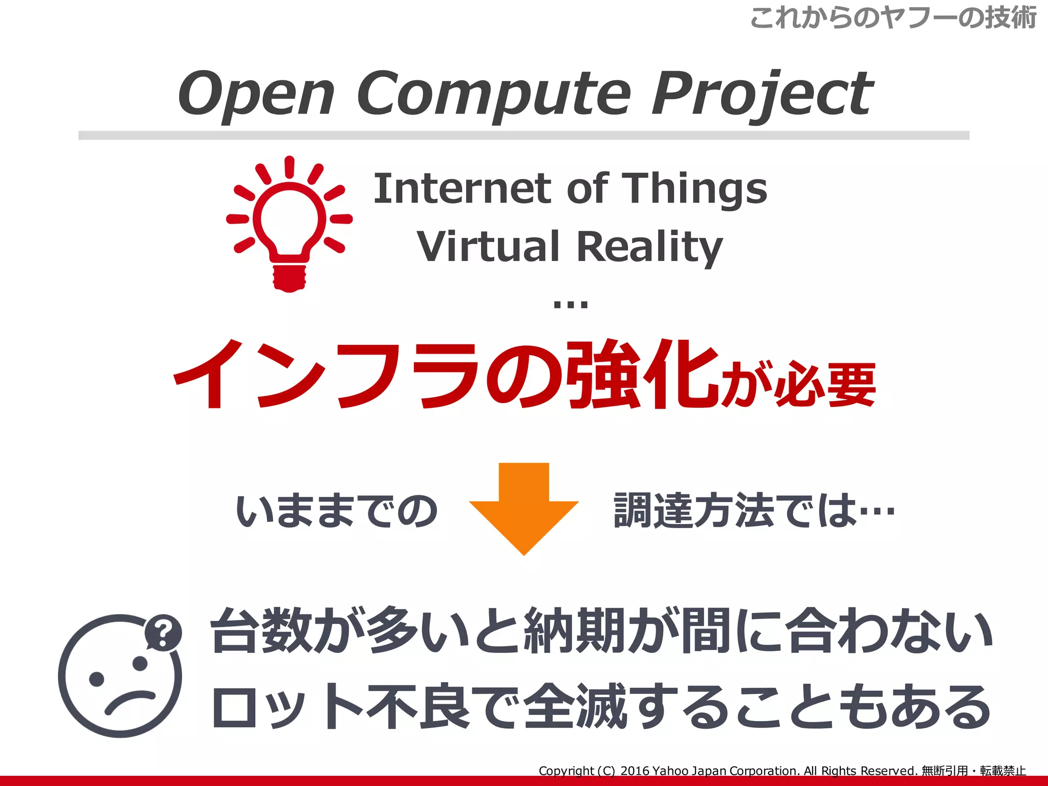 Open Compute Project
台数が多いと納期が間に合わない
ロット不良で全滅することもある
いままでの
インフラの強化が必要
Internet of Things
Virtual Reality
…
これからのヤフーの技術
調達方法では…
 