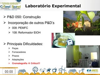 Laboratório Experimental P&D 050: Construção Incorporação de outros P&D’s 008: PEMFC 108: Reformador EtOH Principais Dificuldades: Peças Fornecedores Prazos Adaptações Cromatografia    Crítico!!! 
