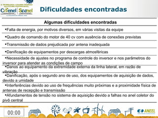 Dificuldades encontradas Algumas dificuldades encontradas Falta de energia, por motivos diversos, em várias visitas da equipe Quadro de comando do motor de 40 cv com ausência de conexões previstas Transmissão de dados prejudicada por antena inadequada Danificação de equipamentos por descargas atmosféricas Necessidade de ajustes no programa de controle do inversor e nos parâmetros do inversor para atender as condições de campo Danos ao equipamento da extremidade externa da linha lateral, em razão de vibração Danificação, após o segundo ano de uso, dos equipamentos de aquisição de dados, devido a umidade Interferências devido ao uso de frequências muito próximas e a proximidade física de antenas de recepção e transmissão Afundamentos de tensão no sistema de aquisição devido a falhas no anel coletor do pivô central 
