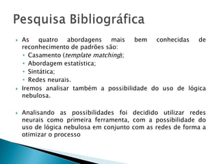 As quatro abordagens mais bem conhecidas de reconhecimento de padrões são:Casamento (templatematching);