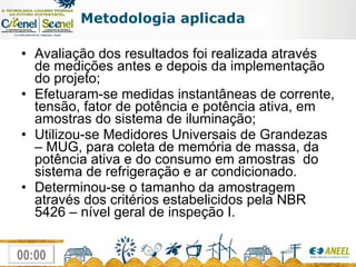 Metodologia aplicada Avaliação dos resultados foi realizada através de medições antes e depois da implementação do projeto; Efetuaram-se medidas instantâneas de corrente, tensão, fator de potência e potência ativa, em amostras do sistema de iluminação; Utilizou-se Medidores Universais de Grandezas – MUG, para coleta de memória de massa, da potência ativa e do consumo em amostras  do sistema de refrigeração e ar condicionado. Determinou-se o tamanho da amost ragem através dos critérios estabelicidos pela NBR 5426 – nível geral de inspeção I.   