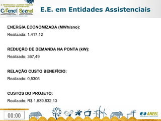 E.E. em Entidades Assistenciais ENERGIA ECONOMIZADA (MWh/ano): Realizada: 1.417,12 REDUÇÃO DE DEMANDA NA PONTA (kW): Realizado: 367,49 RELAÇÃO CUSTO BENEFÍCIO: Realizado: 0,5306 CUSTOS DO PROJETO: Realizado: R$ 1.539.832,13 