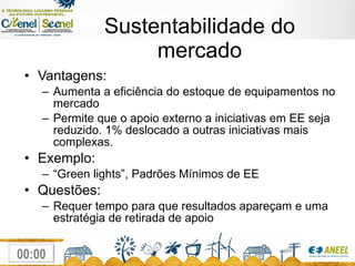 Sustentabilidade do mercado Vantagens: Aumenta a eficiência do estoque de equipamentos no mercado Permite que o apoio externo a iniciativas em EE seja reduzido. 1% deslocado a outras iniciativas mais complexas.  Exemplo: “ Green lights”, Padrões Mínimos de EE Questões: Requer tempo para que resultados apareçam e uma estratégia de retirada de apoio 