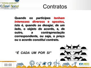 ContratosQuando os partícipes tenham interesses diversos e opostos, isto é, quando se desejar, de um lado, o objeto do acordo, e, de outro, a contraprestação correspondente, ou seja, o preço ou o acordo constitui contrato.“É  CADA  UM  POR  SI”