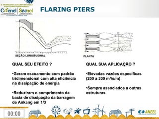 FLARING PIERS QUAL SEU EFEITO ? Geram escoamento com padrão tridimensional com alta eficiência na dissipação de energia Reduziram o comprimento da bacia de dissipação da barragem de Ankang em 1/3 QUAL SUA APLICAÇÃO ? Elevadas vazões específicas (200 a 300 m³/s/m) Sempre associados a outras estruturas 