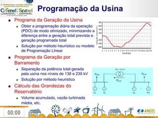               Programação da UsinaPrograma da Geração da UsinaObter a programação diária da operação (PDO) de modo otimizado, minimizando a diferença entre a geração total prevista e a geração programada totalSolução por método heurístico ou modelo de Programação LInearPrograma da Geração por BarramentoSeparação da potência total gerada                         pela usina nos níveis de 138 e 230 kVSolução por método heurísticoCálculo das Grandezas do ReservatórioVolume acumulado, vazão turbinada média, etc.