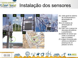 Instalação dos sensores visão geral do sistema de monitoramento e alimentação de energia; (B) e (C) sistema de alimentação de energia;  (D) TSR1 com o sensor de descarga atmosférica e anemômetro;  (E) detalhe do sensor que mede a corrente de fuga no isolador;  (F) imagem fornecida pelo câmera ao detectar a presença de um pássaro na torre  