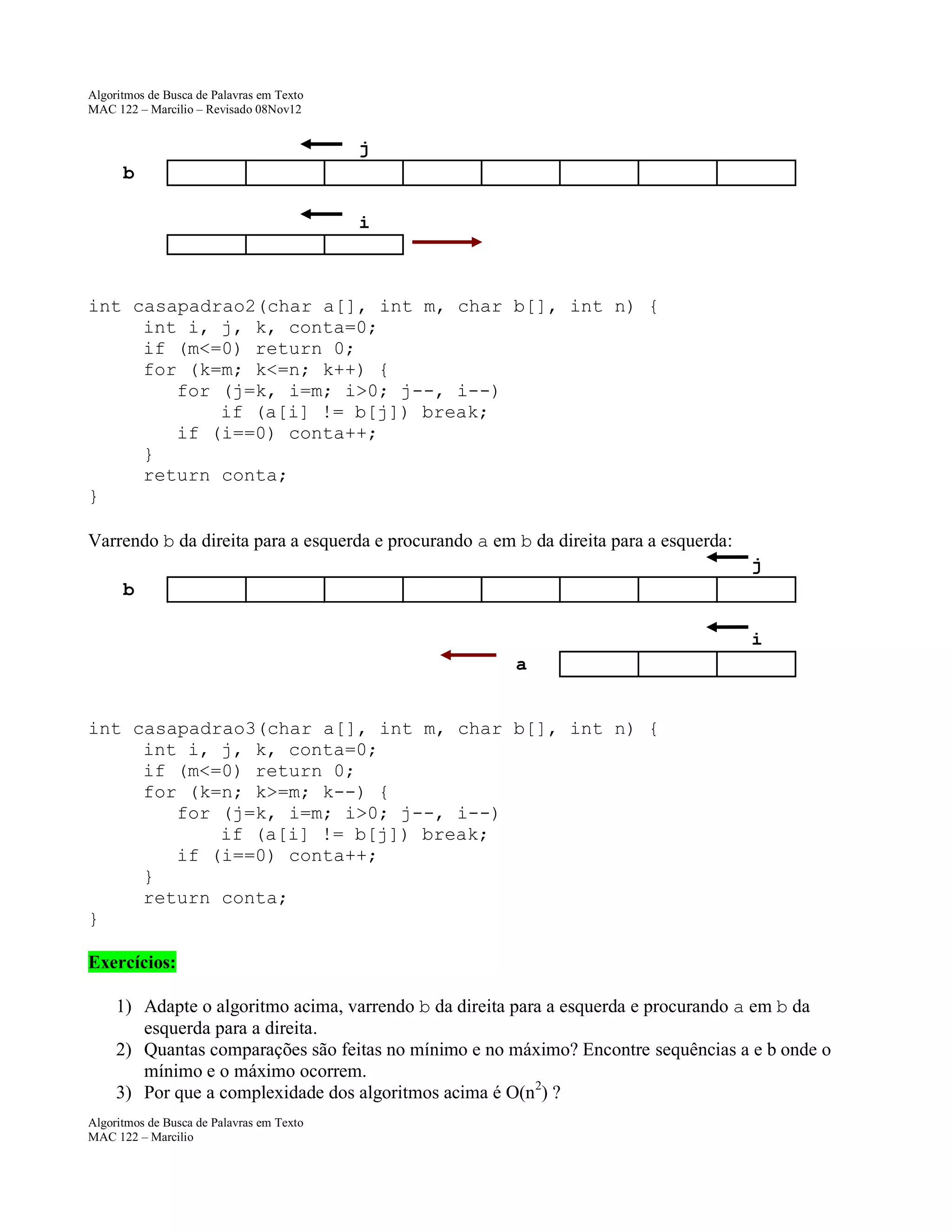 Algoritmos de Busca de Palavras em Texto
MAC 122 – Marcilio – Revisado 08Nov12

j
b
i

int casapadrao2(char a[], int m, char b[], int n) {
int i, j, k, conta=0;
if (m<=0) return 0;
for (k=m; k<=n; k++) {
for (j=k, i=m; i>0; j--, i--)
if (a[i] != b[j]) break;
if (i==0) conta++;
}
return conta;
}
Varrendo b da direita para a esquerda e procurando a em b da direita para a esquerda:

j
b
i
a
int casapadrao3(char a[], int m, char b[], int n) {
int i, j, k, conta=0;
if (m<=0) return 0;
for (k=n; k>=m; k--) {
for (j=k, i=m; i>0; j--, i--)
if (a[i] != b[j]) break;
if (i==0) conta++;
}
return conta;
}
Exercícios:
1) Adapte o algoritmo acima, varrendo b da direita para a esquerda e procurando a em b da
esquerda para a direita.
2) Quantas comparações são feitas no mínimo e no máximo? Encontre sequências a e b onde o
mínimo e o máximo ocorrem.
3) Por que a complexidade dos algoritmos acima é O(n2) ?
Algoritmos de Busca de Palavras em Texto
MAC 122 – Marcilio

 