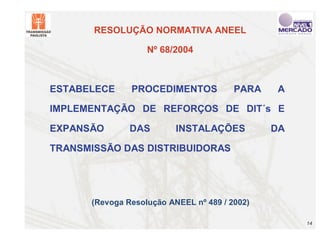 RESOLUÇÃO NORMATIVA ANEEL

                   Nº 68/2004



ESTABELECE     PROCEDIMENTOS            PARA    A

IMPLEMENTAÇÃO DE REFORÇOS DE DIT´s E

EXPANSÃO       DAS        INSTALAÇÕES          DA

TRANSMISSÃO DAS DISTRIBUIDORAS




      (Revoga Resolução ANEEL nº 489 / 2002)

                                                    14
 