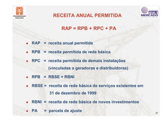 RECEITA ANUAL PERMITIDA

                  RAP = RPB + RPC + PA

"   RAP = receita anual permitida

"   RPB = receita permitida de rede básica

"   RPC = receita permitida de demais instalações
            (vinculadas a geradoras e distribuidoras)

"   RPB = RBSE + RBNI

"   RBSE = receita de rede básica de serviços existentes em
            31 de dezembro de 1999

"   RBNI = receita de rede básica de novos investimentos

"   PA    = parcela de ajuste                                 37
 
