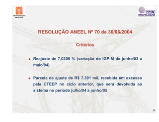 RESOLUÇÃO ANEEL Nº 70 de 30/06/2004

                         Critérios


"   Reajuste de 7,0305 % (variação do IGP-M de junho/03 a
    maio/04)


"   Parcela de ajuste de R$ 7.391 mil, recebida em excesso
    pela CTEEP no ciclo anterior, que será devolvida ao
    sistema no período julho/04 a junho/05



                                                             38
 