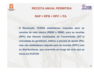 RECEITA ANUAL PERMITIDA

              RAP = RPB + RPC + PA



A Resolução 70/2004 estabeleceu reajustes para as
receitas de rede básica (RBSE e RBNI), para as receitas
(RPC) das Demais Instalações de Transmissão (DIT´s)
vinculadas às geradores, definiu a parcela de ajuste (PA),
mas não estabeleceu reajuste para as receitas (RPC) com
as distribuidoras, que ocorrerão ao longo do ciclo que se
inicia em 01/07/04




                                                             39
 