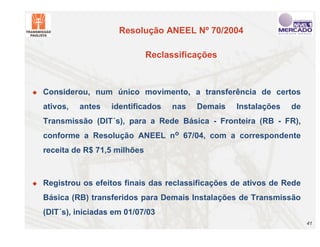 Resolução ANEEL Nº 70/2004

                                 Reclassificações



"   Considerou, num único movimento, a transferência de certos
    ativos,   antes   identificados   nas   Demais   Instalações   de
    Transmissão (DIT´s), para a Rede Básica - Fronteira (RB - FR),
    conforme a Resolução ANEEL no 67/04, com a correspondente
    receita de R$ 71,5 milhões



"   Registrou os efeitos finais das reclassificações de ativos de Rede
    Básica (RB) transferidos para Demais Instalações de Transmissão
    (DIT´s), iniciadas em 01/07/03
                                                                         41
 