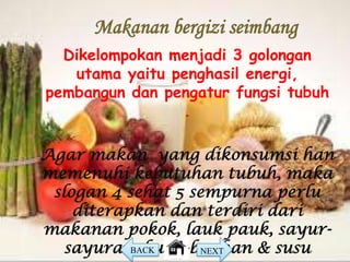 Makanan bergizi seimbang
  Dikelompokan menjadi 3 golongan
   utama yaitu penghasil energi,
pembangun dan pengatur fungsi tubuh
                .

Agar makan yang dikonsumsi han
memenuhi kebutuhan tubuh, maka
 slogan 4 sehat 5 sempurna perlu
    diterapkan dan terdiri dari
makanan pokok, lauk pauk, sayur-
   sayuran, buah-buahan & susu
           BACK     NEXT
 