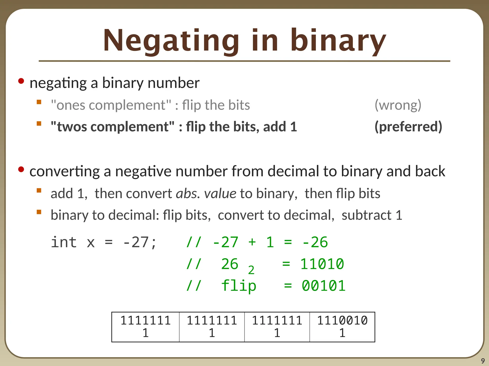 9
Negating in binary
• negating a binary number
 "ones complement" : flip the bits (wrong)
 "twos complement" : flip the bits, add 1 (preferred)
• converting a negative number from decimal to binary and back
 add 1, then convert abs. value to binary, then flip bits
 binary to decimal: flip bits, convert to decimal, subtract 1
int x = -27; // -27 + 1 = -26
// 26 2 = 11010
// flip = 00101
1111111
1
1111111
1
1111111
1
1110010
1
 