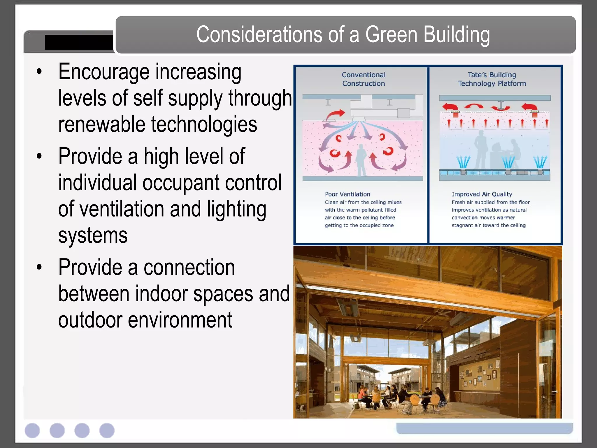 Control erosion to reduce negative impacts on water and air quality Reduce pollution and land development impacts from automobile use Limit disruption of natural water hydrology by reducing impervious cover, increasing on-site infiltration and managing storm water run-of Considerations of a Green Building 