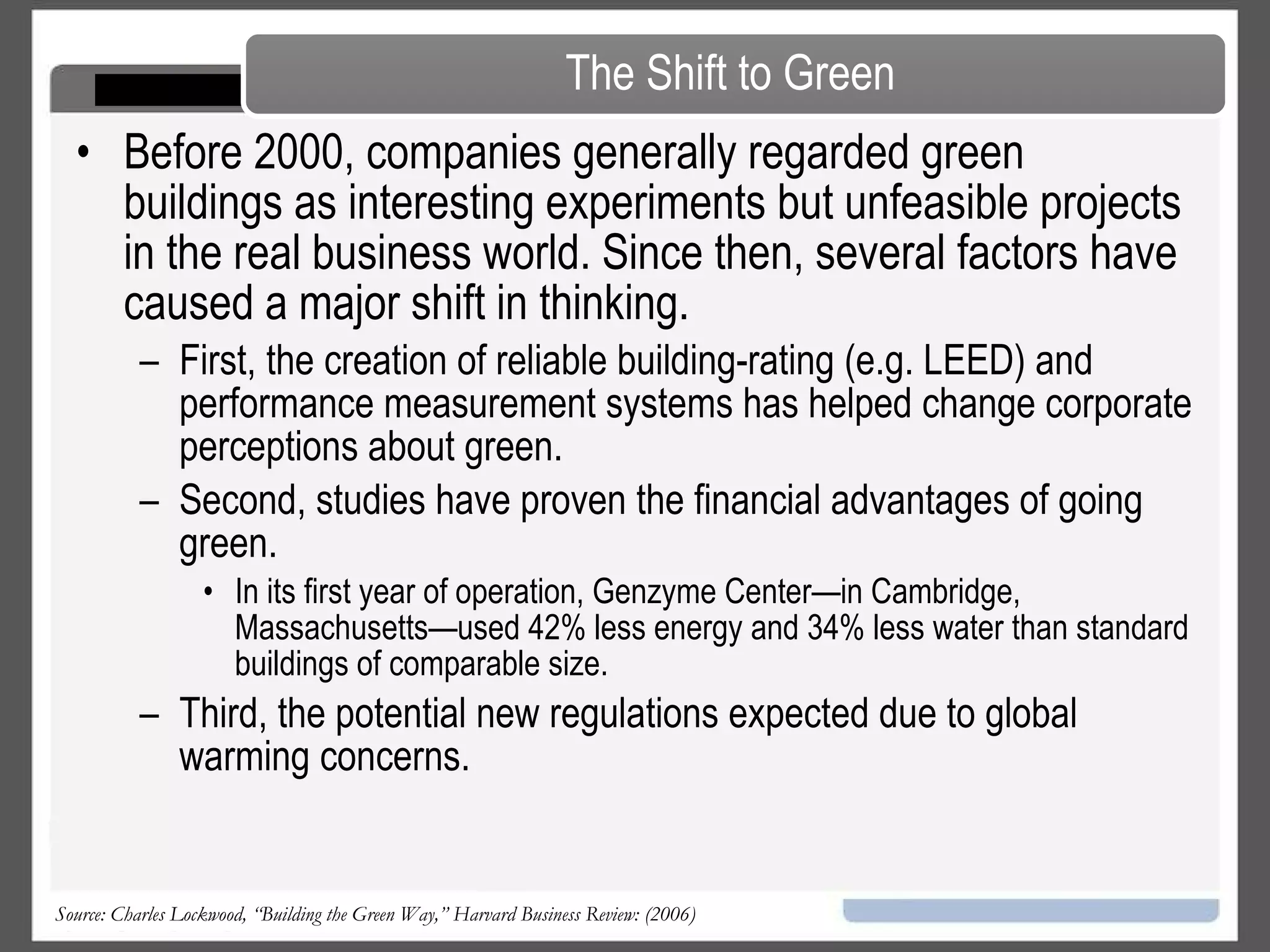 A Green Building is a structure that is designed, built, renovated, operated, or re-used in an ecological and resource efficient manner. Benefits of a green building: Environmental Benefits Using energy, water and other resources more efficiently Reducing overall impact to the environment Economic Benefits Reduced operating costs Marketing advantages Improving employee productivity Increased building valuation Health and Safety Benefits   Enhance occupant comfort and health Community Benefits Minimize strain on local infrastructure and improve quality of life What is a Green Building? 