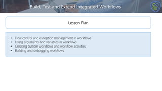 Build, Test and Extend Integrated Workflows
• Flow control and exception management in workflows
• Using arguments and variables in workflows
• Creating custom workflows and workflow activities
• Building and debugging workflows
Lesson Plan
 