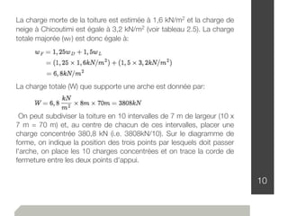 10
La charge morte de la toiture est estimée à 1,6 kN/m2 et la charge de
neige à Chicoutimi est égale à 3,2 kN/m2 (voir tableau 2.5). La charge
totale majorée (wF) est donc égale à:
La charge totale (W) que supporte une arche est donnée par:
On peut subdiviser la toiture en 10 intervalles de 7 m de largeur (10 x
7 m = 70 m) et, au centre de chacun de ces intervalles, placer une
charge concentrée 380,8 kN (i.e. 3808kN/10). Sur le diagramme de
forme, on indique la position des trois points par lesquels doit passer
l'arche, on place les 10 charges concentrées et on trace la corde de
fermeture entre les deux points d'appui.
 