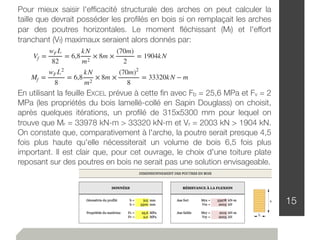 15
Vf =
wFL
82
= 6,8
kN
m2
× 8m ×
(70m)
2
= 1904kN
Mf =
wFL2
8
= 6,8
kN
m2
× 8m ×
(70m)2
8
= 33320kN − m
Pour mieux saisir l'efﬁcacité structurale des arches on peut calculer la
taille que devrait posséder les proﬁlés en bois si on remplaçait les arches
par des poutres horizontales. Le moment ﬂéchissant (Mf) et l'effort
tranchant (Vf) maximaux seraient alors donnés par:
En utilisant la feuille EXCEL prévue à cette ﬁn avec Fb = 25,6 MPa et Fv = 2
MPa (les propriétés du bois lamellé-collé en Sapin Douglass) on choisit,
après quelques itérations, un proﬁlé de 315x5300 mm pour lequel on
trouve que Mr = 33978 kN-m > 33320 kN-m et Vr = 2003 kN > 1904 kN.
On constate que, comparativement à l'arche, la poutre serait presque 4,5
fois plus haute qu'elle nécessiterait un volume de bois 6,5 fois plus
important. Il est clair que, pour cet ouvrage, le choix d'une toiture plate
reposant sur des poutres en bois ne serait pas une solution envisageable.
 