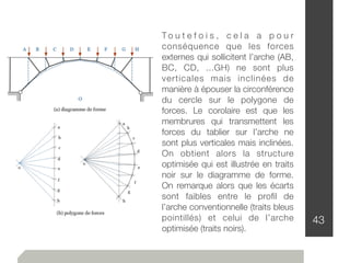 43
T o u t e f o i s , c e l a a p o u r
conséquence que les forces
externes qui sollicitent l’arche (AB,
BC, CD, ...GH) ne sont plus
verticales mais inclinées de
manière à épouser la circonférence
du cercle sur le polygone de
forces. Le corolaire est que les
membrures qui transmettent les
forces du tablier sur l’arche ne
sont plus verticales mais inclinées.
On obtient alors la structure
optimisée qui est illustrée en traits
noir sur le diagramme de forme.
On remarque alors que les écarts
sont faibles entre le proﬁl de
l’arche conventionnelle (traits bleus
pointillés) et celui de l’arche
optimisée (traits noirs).
 