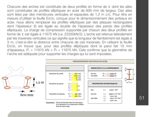 51
Chacune des arches est constituée de deux proﬁlés en forme de I dont les ailes
sont constituées de proﬁlés elliptiques en acier de 600 mm de largeur. Ces ailes
sont liées par des membrures verticales et espacées de 1,2 m c/c. Pour être en
mesure d’utiliser la feuille EXCEL conçue pour le dimensionnement des poteaux en
acier, nous allons remplacer les proﬁlés elliptiques par des plaques rectangulaire
dont l’épaisseur (t) est égale au double de l’épaisseur des parois des proﬁlés
elliptiques. La charge de compression supportée par chacun des deux proﬁlés en
forme de I est égale à 11675 kN (i.e. 23350kN/2). L’arche est retenue latéralement
par les traverses verticales ce qui signiﬁe que la longueur de ﬂambement est égale à
3 m, c’est-à-dire la distance entre chacune de ces traverses. En utilisant la feuille
EXCEL on trouve que, pour des proﬁlés elliptiques dont la paroi fait 10 mm
d’épaisseur, Pr = 11915 kN > Pf = 11675 kN. Cela conﬁrme que la géométrie de
l’arche est adéquate pour supporter les charges qui lui sont imposées.
 