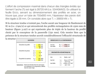 60
L’effort de compression maximal dans chacun des triangles évidés qui
forment l’arche (Tf) est égal à 26720 kN (i.e. 53440kN/2). En utilisant la
feuille EXCEL servant au dimensionnement des proﬁlés en acier, on
trouve que, pour un tube de 750x900 mm, l’épaisseur des parois doit
être égale à 28 mm. On constate alors que Tr = 26859 kN > Tf.
Si la structure tendue n’existait pas, l’arche aurait une longueur de flambement de
87 m (i.e. 174m/2) ce qui nécessiterait des profilés rectangulaires de 2500 mm de
hauteur (figure 3.197) ce qui représente plus de triple de la hauteur du profilé
choisi par le concepteur de la passerelle (750 mm). Cela montre bien que la
présence de la structure tendue accroît considérablement l’efficacité structurale de
la structure comprimée.
 