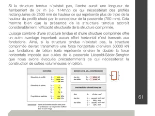 61
Si la structure tendue n’existait pas, l’arche aurait une longueur de
ﬂambement de 87 m (i.e. 174m/2) ce qui nécessiterait des proﬁlés
rectangulaires de 2500 mm de hauteur ce qui représente plus de triple de la
hauteur du proﬁlé choisi par le concepteur de la passerelle (750 mm). Cela
montre bien que la présence de la structure tendue accroît
considérablement l’efﬁcacité structurale de la structure comprimée.
L’usage combiné d’une structure tendue et d’une structure comprimée offre
un autre avantage important: aucun effort horizontal n’est transmis aux
fondations. Ainsi, si la structure tendue n’existait pas, la structure
comprimée devrait transmettre une force horizontale d’environ 50000 kN
aux fondations de béton (cela représente environ le double la force
horizontale imposée aux culées de la passerelle Léopold-Sédar-Senghor
que nous avons évoquée précédemment) ce qui nécessiterait la
construction de culées volumineuses en béton.
 