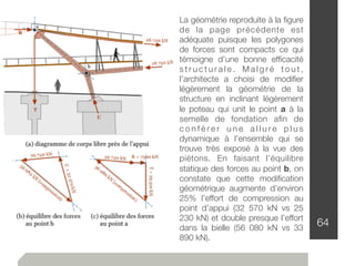 64
La géométrie reproduite à la ﬁgure
de la page précédente est
adéquate puisque les polygones
de forces sont compacts ce qui
témoigne d’une bonne efﬁcacité
s t r u c t u r a l e . M a l g r é t o u t ,
l’architecte a choisi de modiﬁer
légèrement la géométrie de la
structure en inclinant légèrement
le poteau qui unit le point a à la
semelle de fondation aﬁn de
c o n f é r e r u n e a l l u r e p l u s
dynamique à l’ensemble qui se
trouve très exposé à la vue des
piétons. En faisant l’équilibre
statique des forces au point b, on
constate que cette modiﬁcation
géométrique augmente d’environ
25% l’effort de compression au
point d’appui (32 570 kN vs 25
230 kN) et double presque l’effort
dans la bielle (56 080 kN vs 33
890 kN).
 