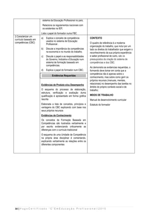16 | P a g e C e r t i f i c a d o “ C ” E m E d u c a ç ã o P r o f i s s i o n a l / 2 0 1 5
sistema da Educação Profissional no país;
Relaciona os regulamentos nacionais com
os existentes na IEP;
Lista o papel do formador numa FBC
2.Caracterizar um
currículo baseado em
competências (CBC)
a) Explica o conceito de competência
usados no sistema de Educação
Profissional .
b) Discute a importância da competências
na economia e no mundo do trabalho.
c) Discute o papel e as responsabilidades
do Governo, Indústria e Educação num
sistema de formação baseado em
competências.
d) Explica o papel do formador num CBC;
E
Evidências de Produto e/ou Desempenho
O esquema do processo de elaboração,
estrutura, verificação e avaliação duma
qualificação é apresentado em forma gráfica
/escrita
Elaborada a lista de conceitos, princípios e
vantagens do CBC explicando com base nos
seus próprios recursos
Evidências de Conhecimento
Os conceitos da Formação Baseada em
Competências são ilustrados verbalmente e
por escrito evidenciando criticamente as
diferenças com o currículo tradicional
O esquema de uma Unidade de Competência
na própria área disciplinar é comentando,
explicando verbalmente as relações entre os
diferentes componentes
CONTEXTO
O quadro de referência é a moderna
organização do trabalho, que inclui por um
lado os direitos do trabalhador que exigem o
reconhecimento da sua própria experiência
e saber profissional de outro, são os
pressupostos da criação do sistema de
competências e dos CBC.
Ao demonstra as evidencias requeridas, o
formando deve tomar em conta que a
competência não é apenas sobre o
conhecimento, mas sobre como gerir os
próprios recursos (manuais, mentais,
relacionais) no desempenho das tarefas no
âmbito do próprio contexto social e de
trabalho;
MEIOS DE TRABALHO
Manual de desenvolvimento curricular
Estatuto do formador
1.
Evidências Requeridas
 